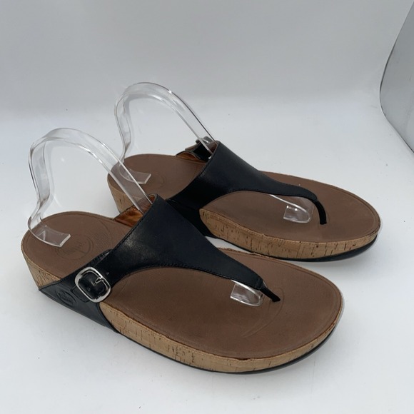FitFlop Womens Black Thong Sandals Slip On Patent Leather Cork  Womens Size 10 - Picture 1 of 8